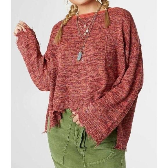 Free People Prism Pullover L Space Dye Deconstructed Red - Picture 1 of 10